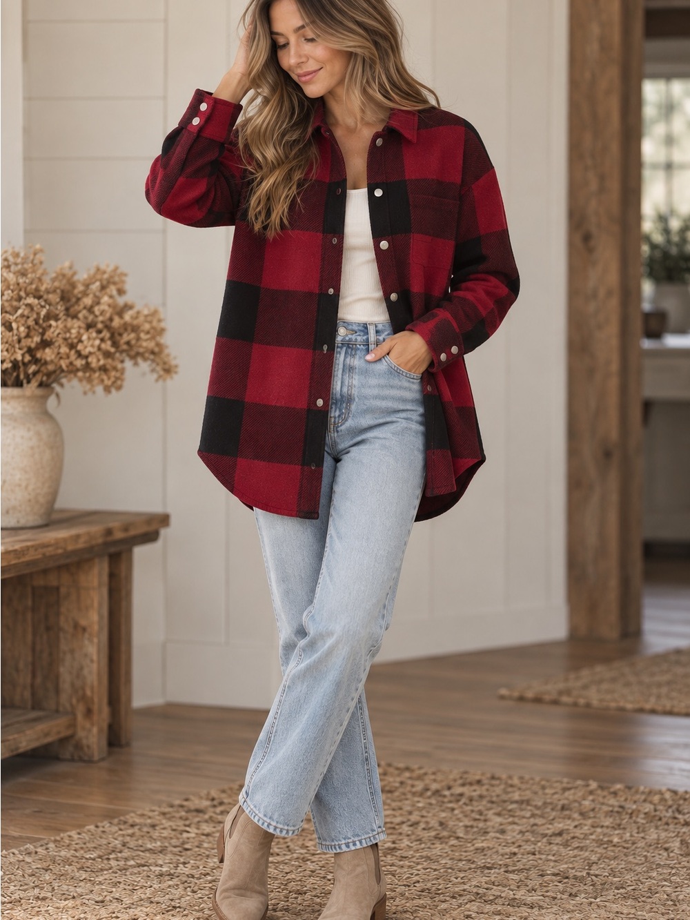 BB Dakota Red & Black Buffalo Plaid Button-Down Shirt Jacket